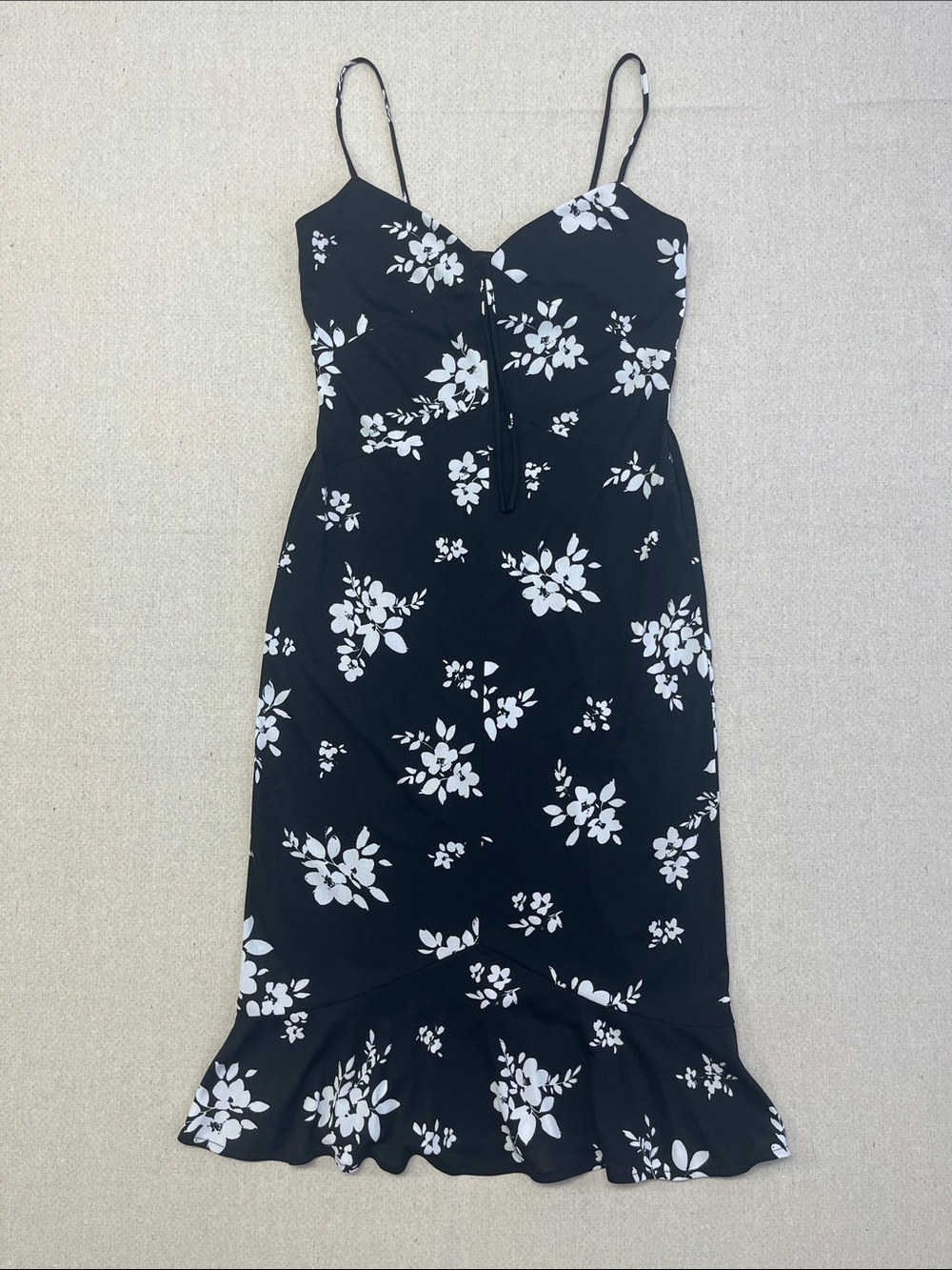 David Meister Black White Floral Midi Dress Ruffle Hem Size 4